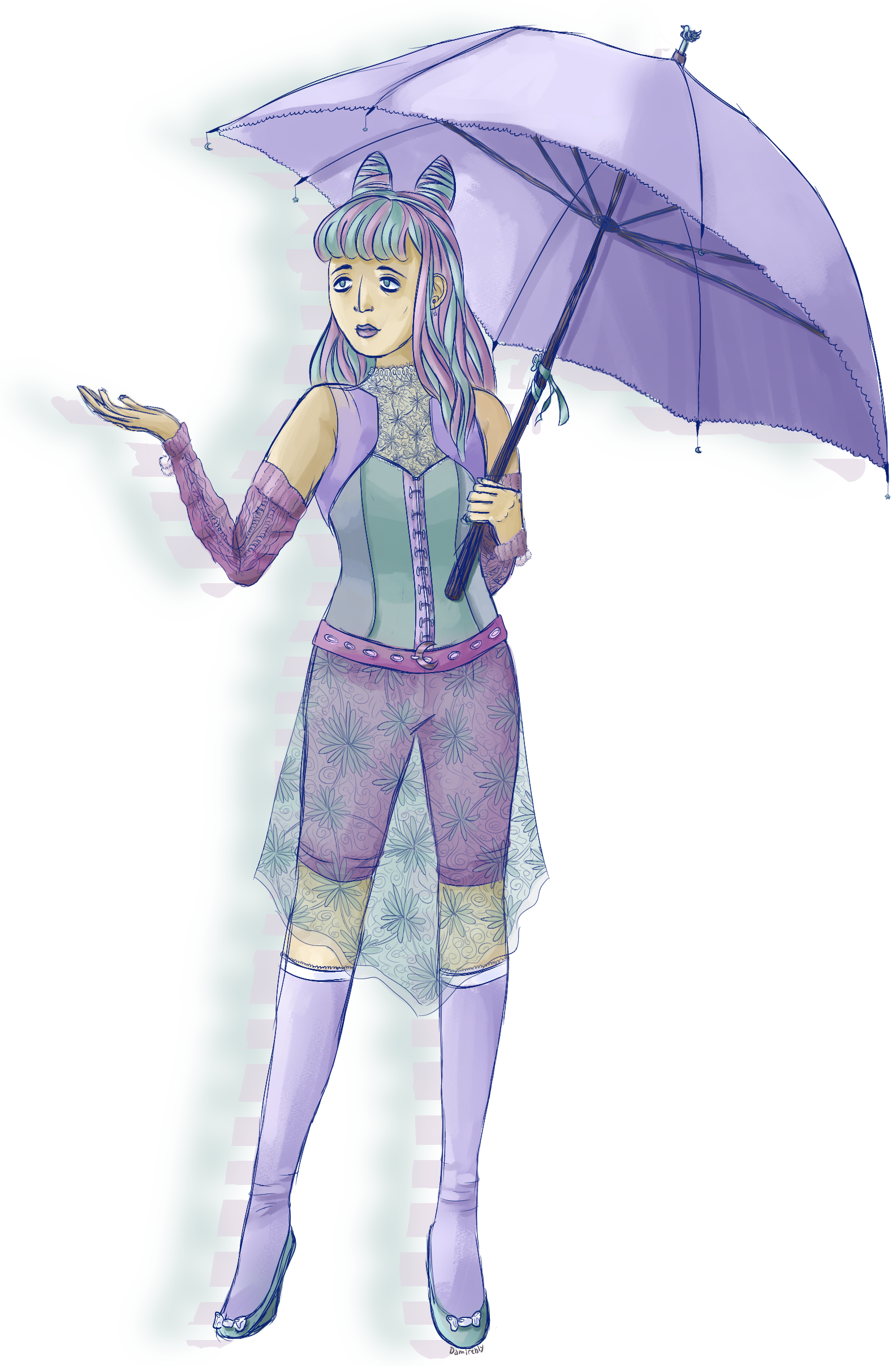 Fullbody illustration of Dami holding an umbrella in one hand and holding out the other as if to feel for rain.