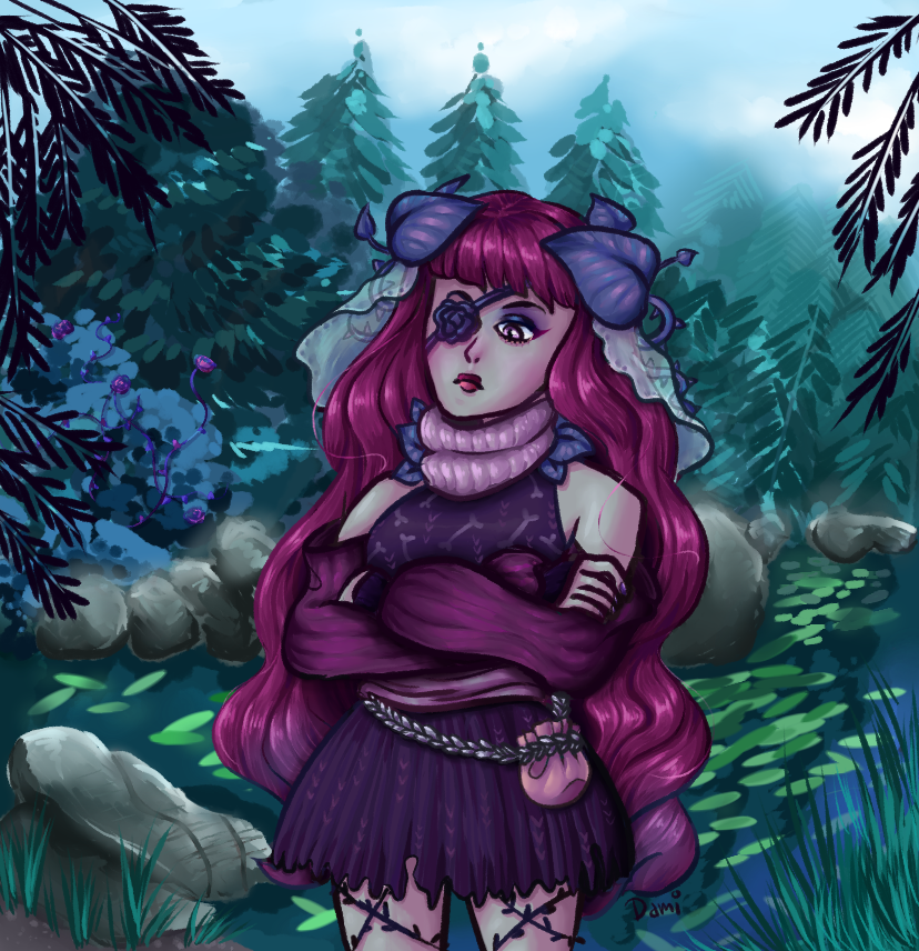 A gloomy, witchy looking character pouting and standing in a magical looking forest with a pond.