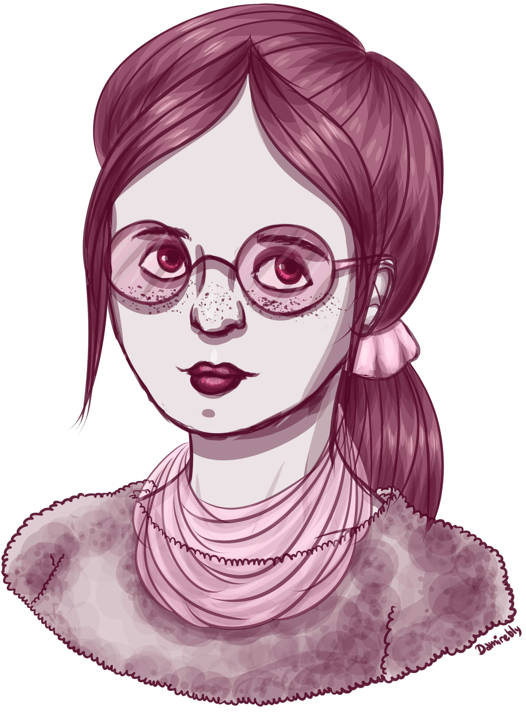 Portrait of Imogen with a neutral expression, in pink monochrome.