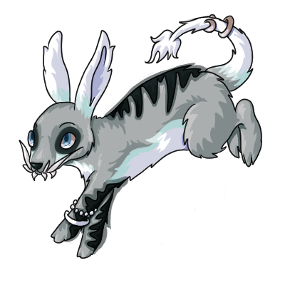 A grey leaping rabbit with long fangs and glowing black streaks on his back.