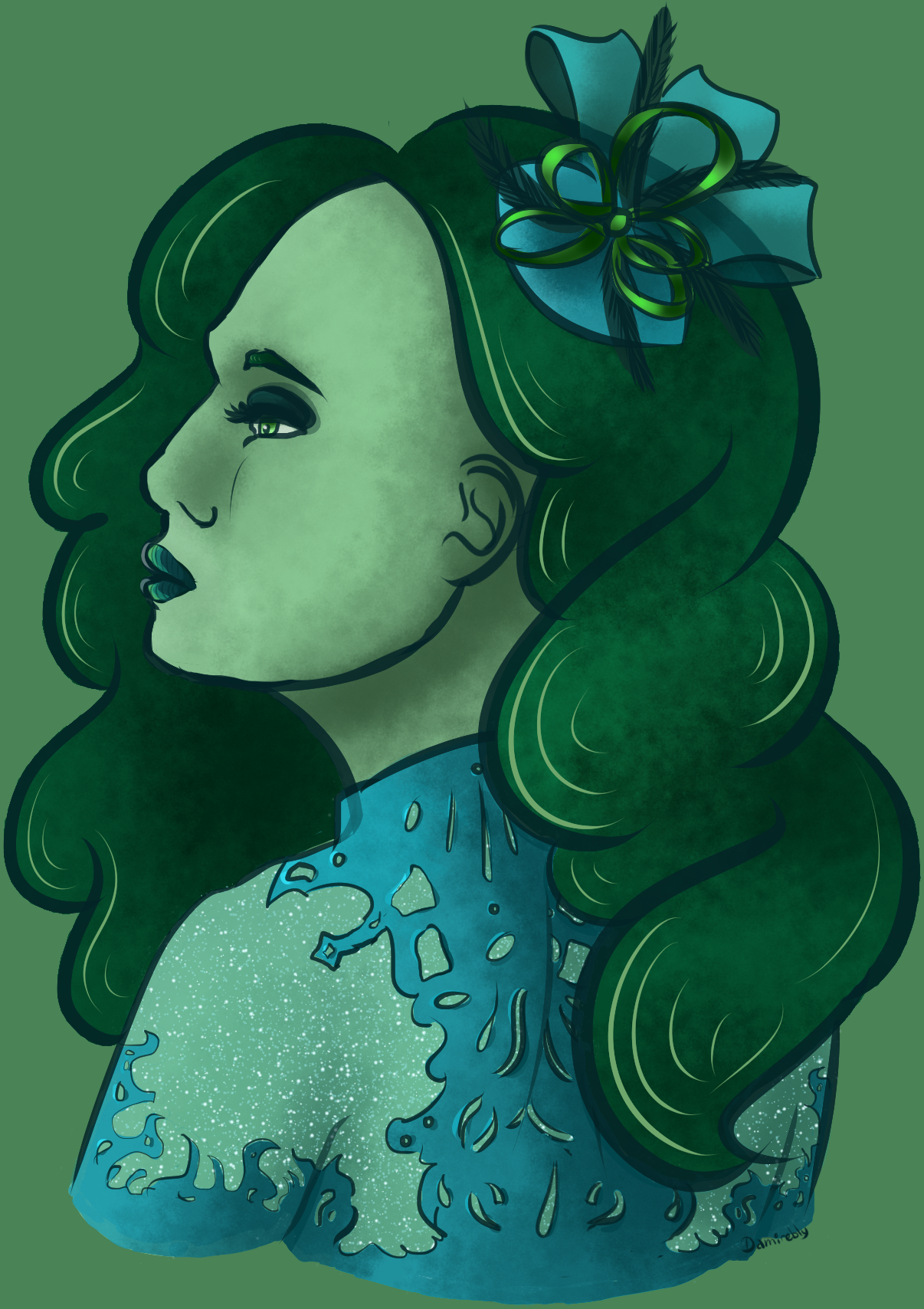 A green toned bust up of Lavilla in profile view, with a glittering ice dancer-like dress and a ribboned fascinator.