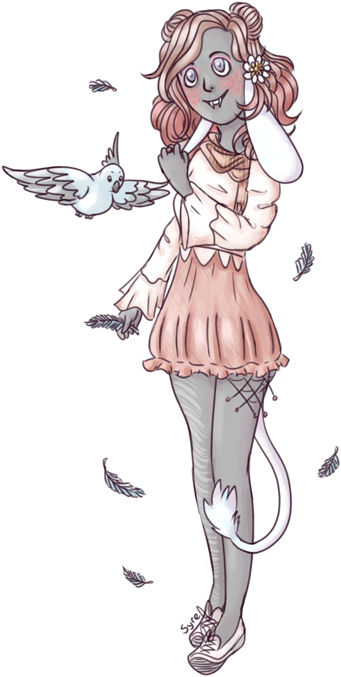 A fullbody of a grey rabbit humanoid with a sly, wide-eyed smiling expression. She is holding a feather and a bird is flying close by.