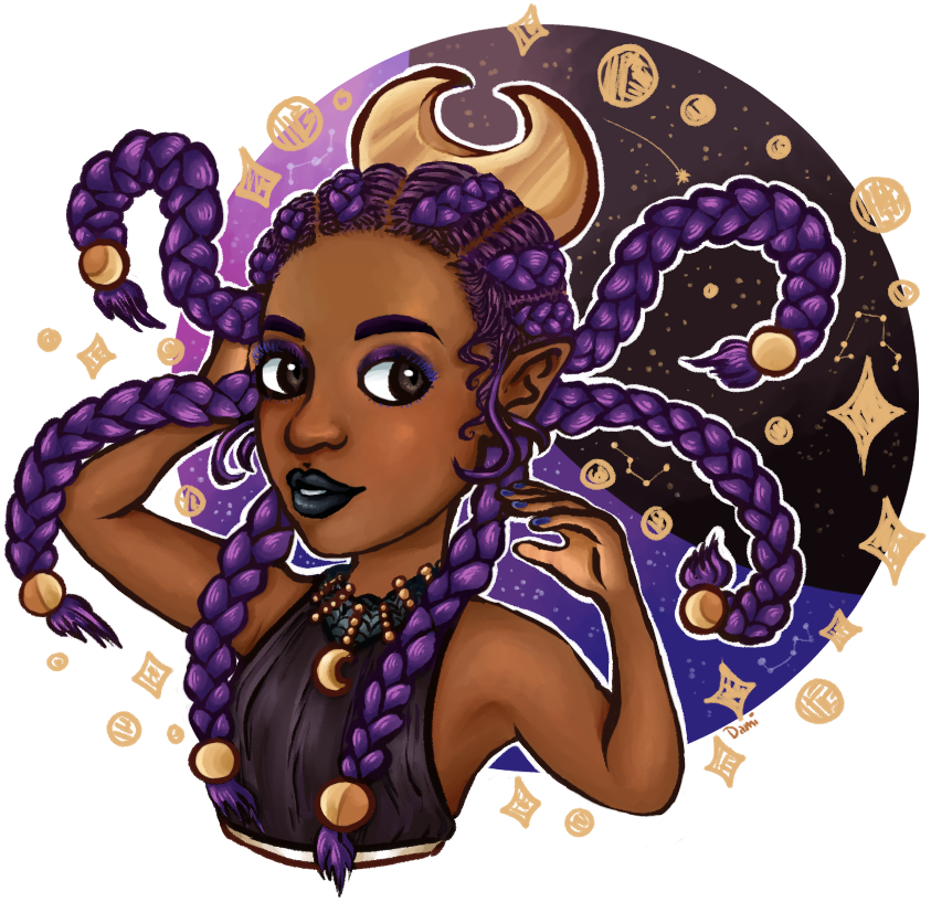 Illustration of a character with floating purple braids and an abstract cosmos themed backdrop.