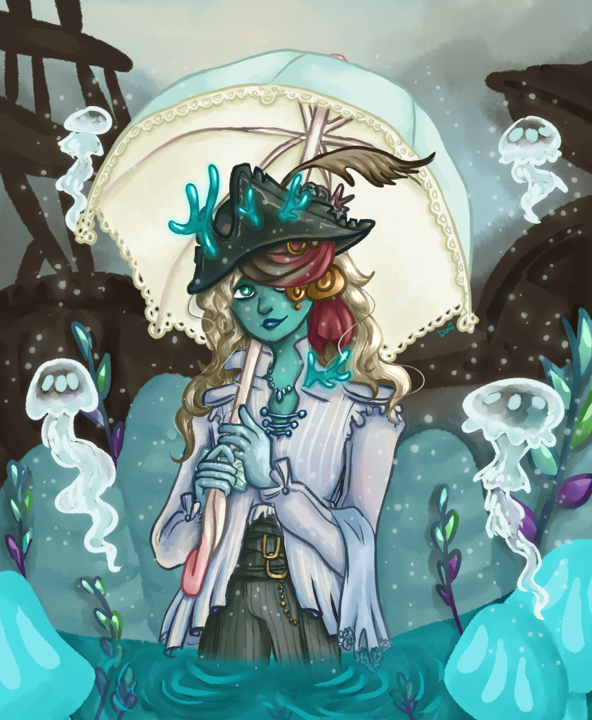 A halfbody illustration of a person holding a lace parasol, with a pirate hat and a headscarf covering one eye.