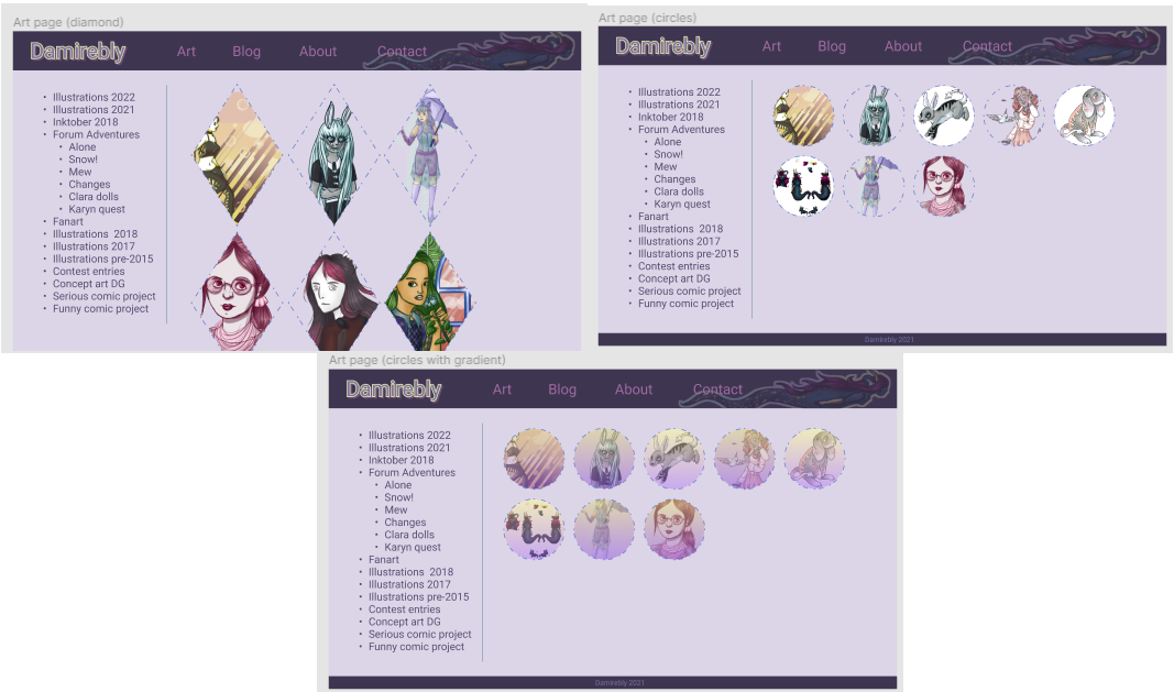 three screenshots of my design files for the gallery, showing circle and diamond variations for the thumbnails
