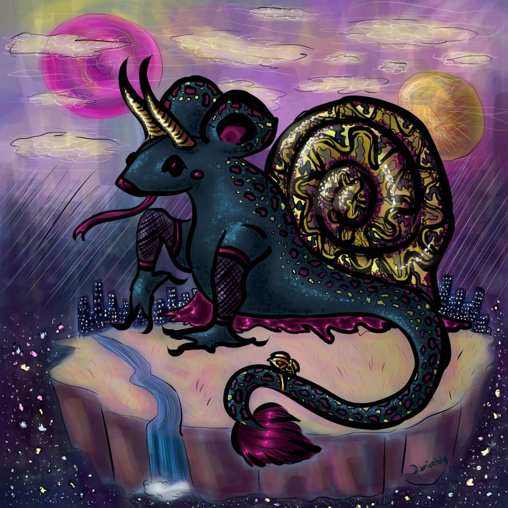 The chimera looking mascot. It has a snail or snakelike body with a shiny snail shell, rat ears and a snake tongue. It is standing on a floating platform with a river running across it, space can be seen in the lower background with stars and skyscrapers in the horizon. Clouds, rain and two moons are in the top half of the background.