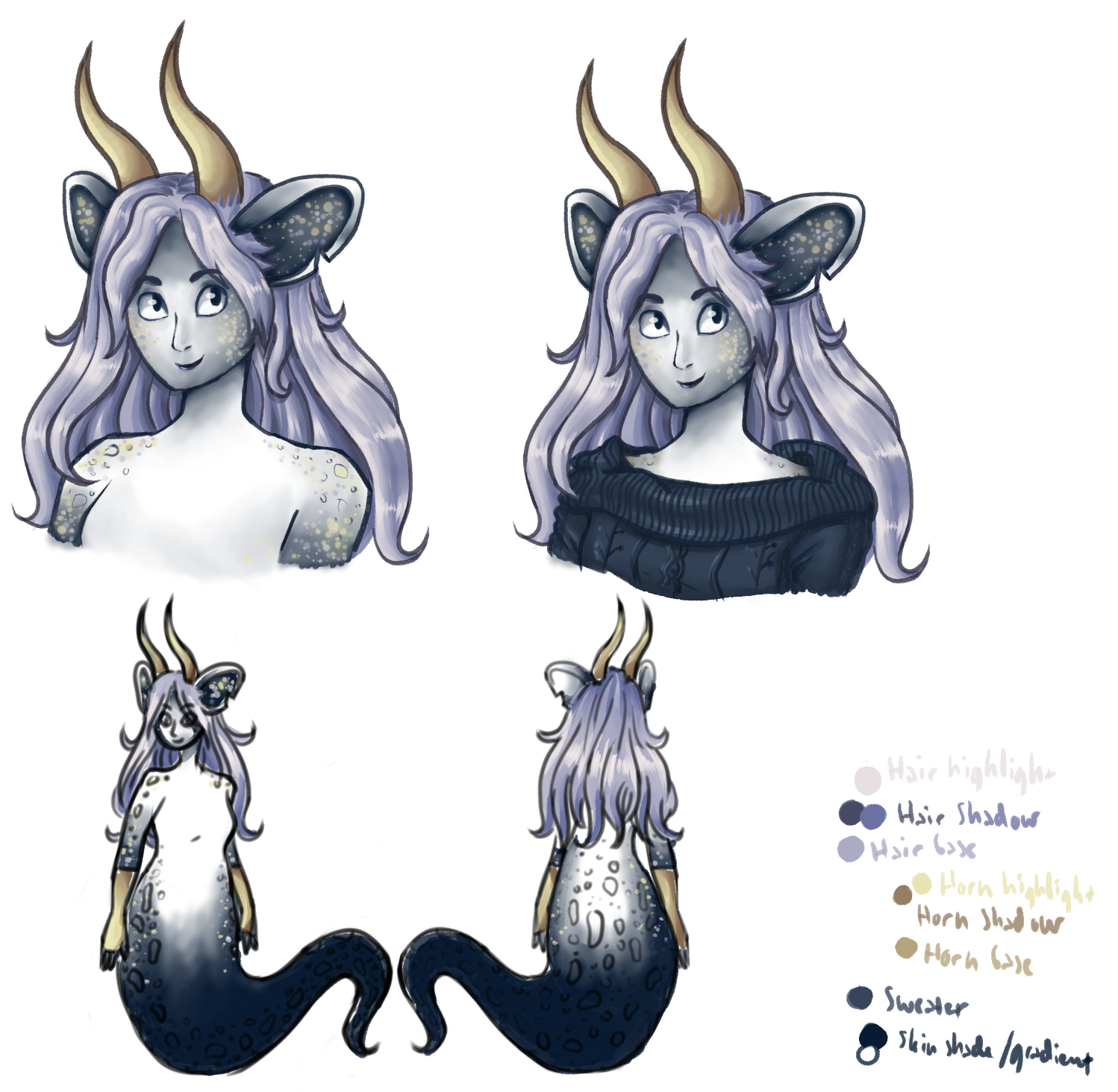 A character reference sheet with the new design. There are two fullbody illustrations showing the front and back, and a bust-up portrait showing details on the face. As well as labeled color swatches.