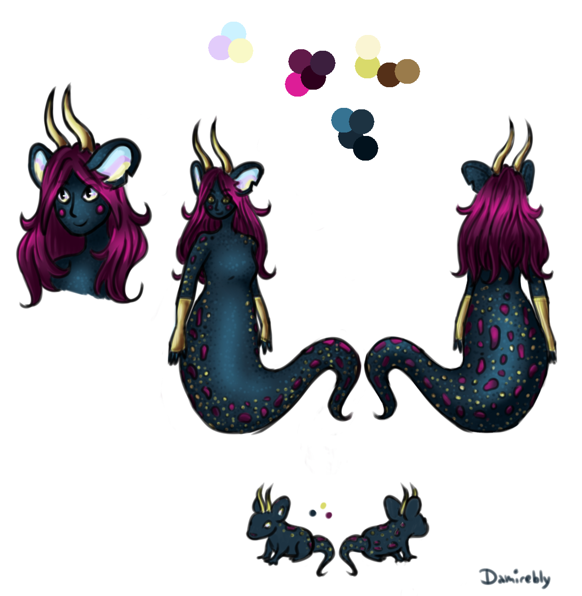 A character sheet with the humanoid design. The character can be seen fullbody from the front and back views. There is also a closeup of the head and swatches for the colors. As well as a new creature form, which is a little rat with horns.