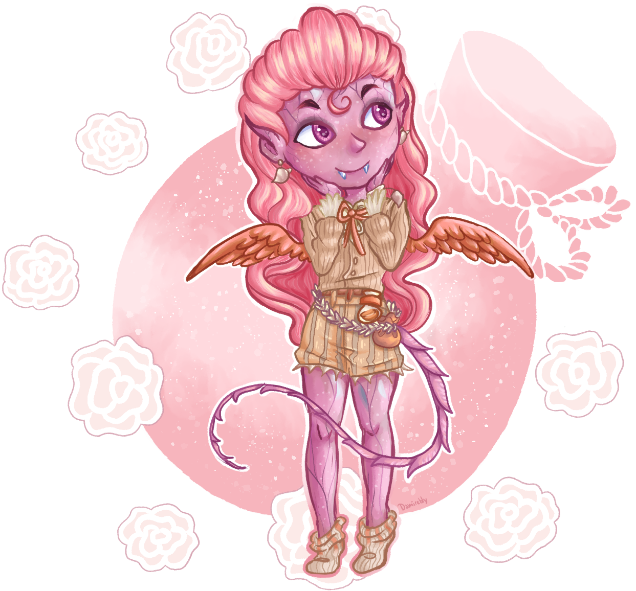 A fullbody chibi illustration of a humanoid with wings, fangs and a tail. The character is cupping their head in their hands, and walking and looking to the side with a daydreaming or curious expression. The background has a stylized bottle and sticker-like roses surrounding the character.