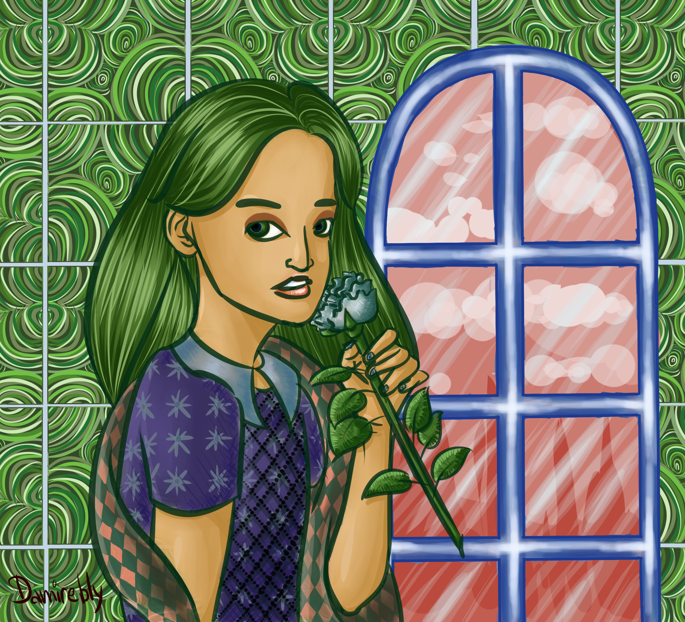 A waist-up of a green-haired character holding a blue rose up to her face. The background has malachite tiles and a window looking out to a red landscape.