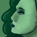 A green toned bust up of Lavilla in profile view, with a glittering ice dancer-like dress and a ribboned fascinator.