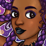 Illustration of a character with floating purple braids and an abstract cosmos themed backdrop. class=