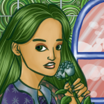 A waist-up of a green-haired character holding a blue rose up to her face. The background has malachite tiles and a window looking out to a red landscape.