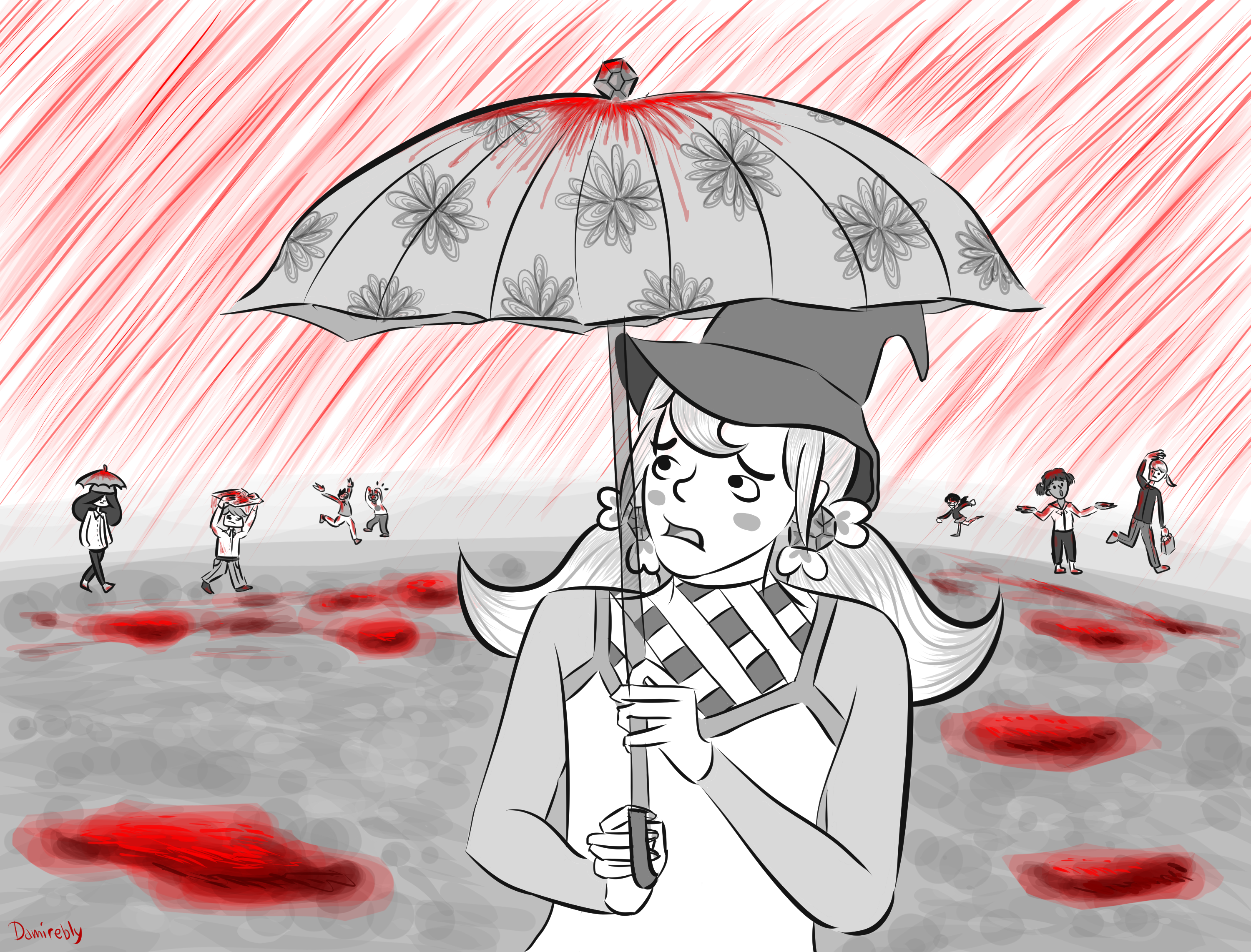 A grayscale (with some pops of red) waist-up illustration of a witch holding an umbrella, looking distressed. Blood pours down in the background like rain, with other people also in the background shielding themselves and running away.